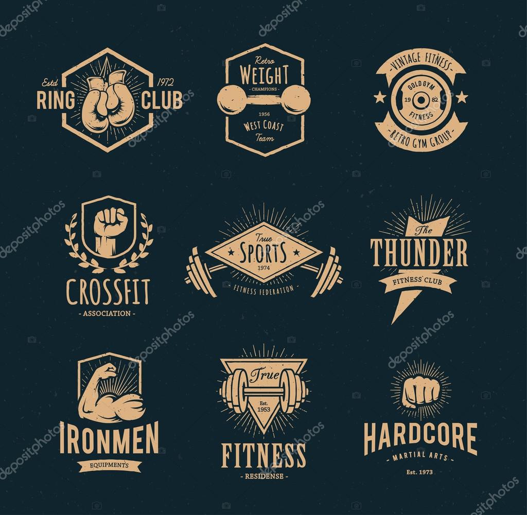 Set of retro styled fitness emblems. Vintage gym logo templates. Vector illustrations.