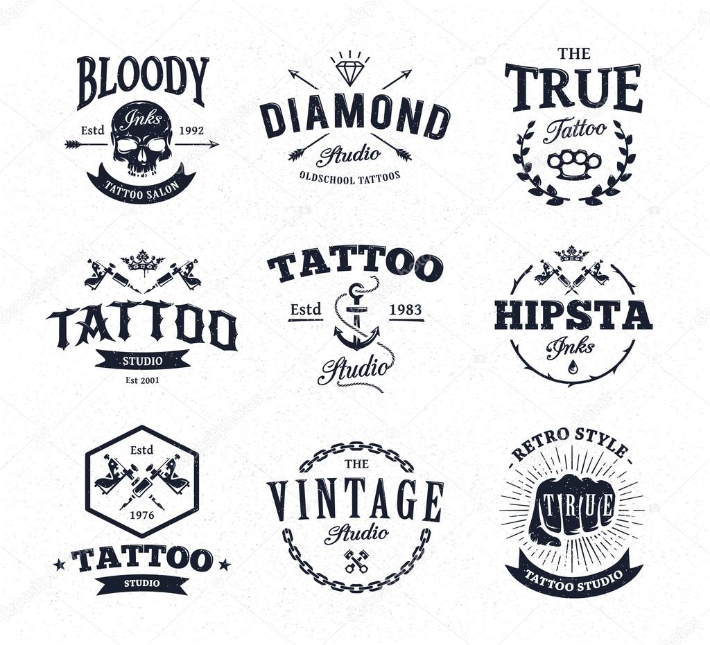 Vector set of cool tattoo studio logo templates on white background. Retro styled trendy vector emblems.