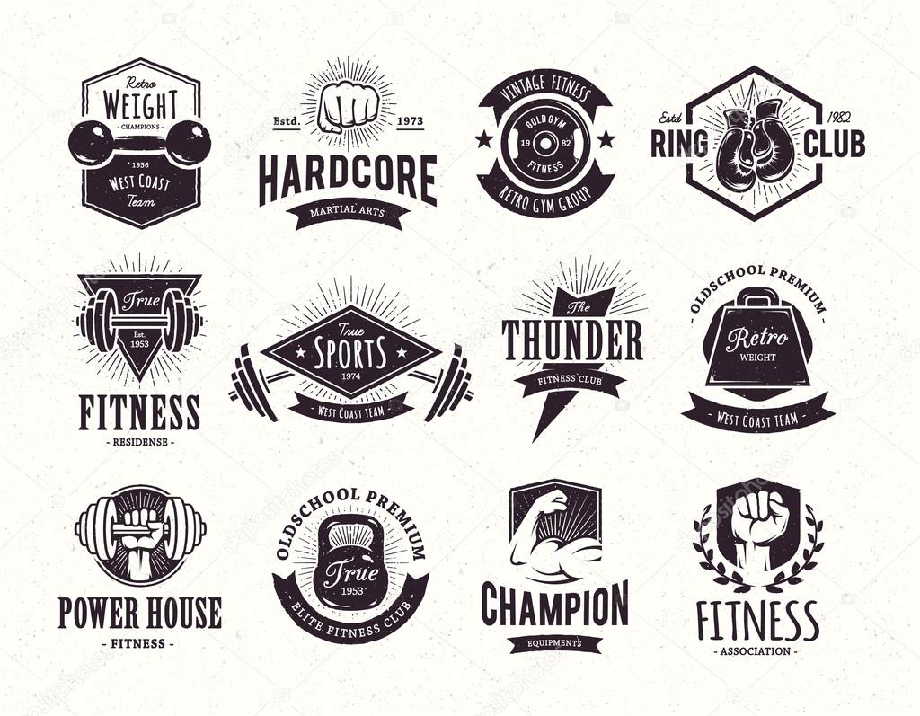 Set of retro styled fitness emblems. Vintage gym logo templates. Vector illustrations.