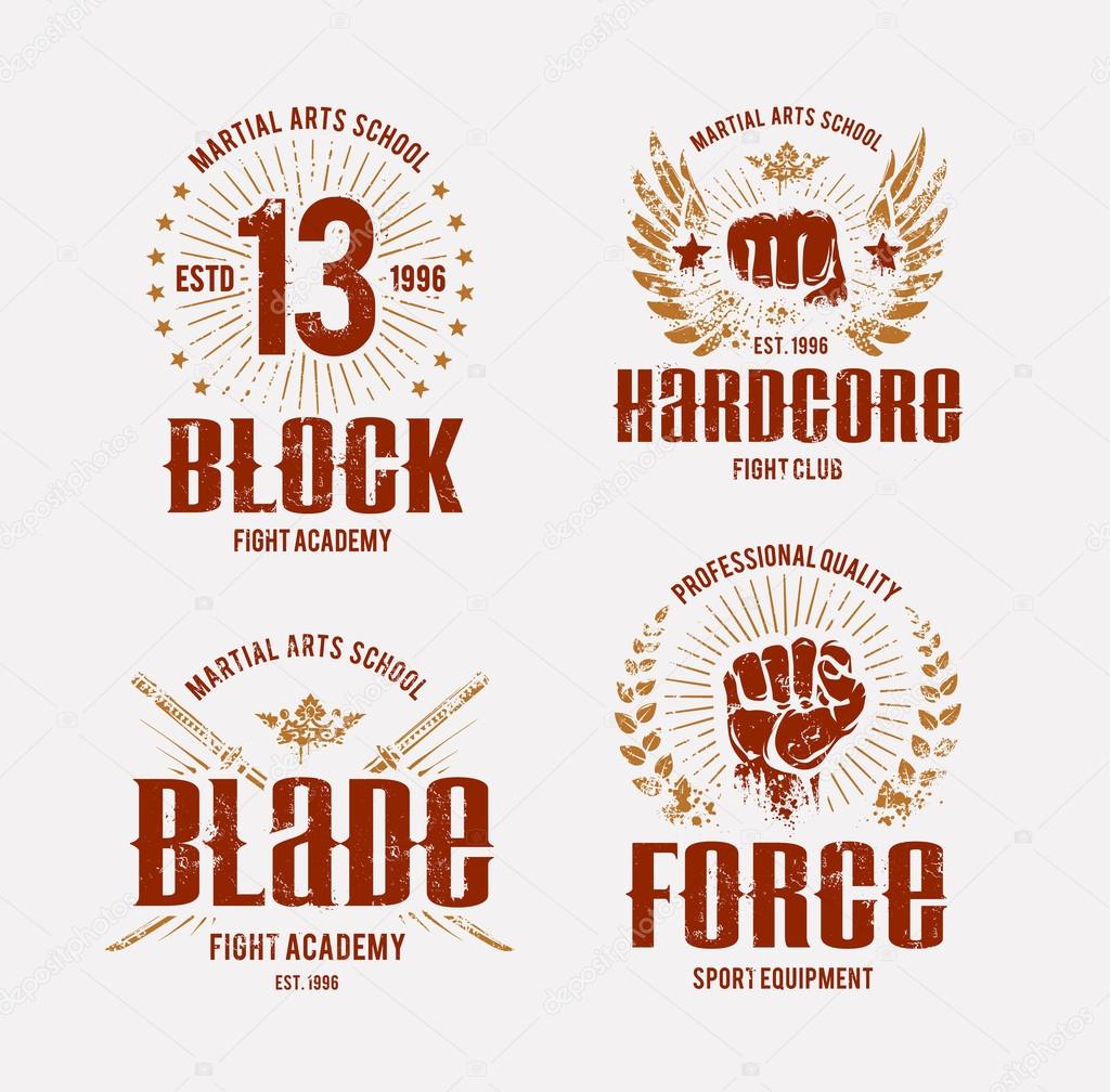 Fight club logo templates. Grunge prints. Martial arts emblems. Vector arts.