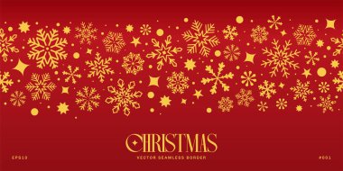 Kırmızı gradyan arkaplanda altın kar taneleri olan zarif, yatay, pürüzsüz bir süs. Geleneksel kış tatili tasarımları için dekoratif grafikler. EPS10 vektör sanatı.