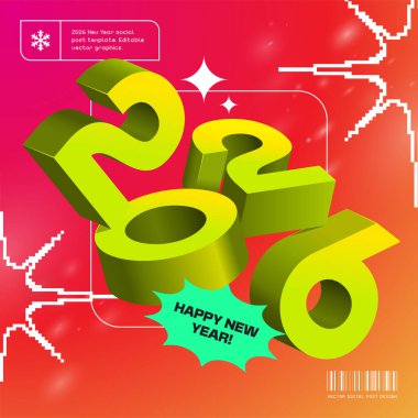 2026 sayılı yeşil üç boyutlu modern sosyal posta şablonu kaotik bir şekilde eğik. Moda neon renkleri. Yumuşak kırmızı eğimli arkaplan. Çağdaş tarz tipografik tasarım. Düzenlenebilir vektör EPS10 grafikleri.