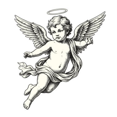 Eski moda oymacılık tarzında klasik bebek aşk tanrısı çizimi. Beyazda izole edilmiş yüksek detaylı monokrom sanatı. Antika bir retro-titreşim ile romantik tasarımlar için mükemmel. Düzenlenebilir EPS10 vektörü.