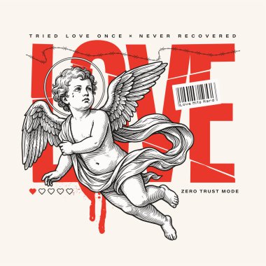 Klasik aşk tanrısı çizimi modern grunge, piksel ve Y2K tasarım elementleriyle harmanlanmış. Posterler, kıyafetler, sokak kıyafetleri ve parmak izleri için tipografi tasarımı. İronik anti-romantik Sevgililer Günü tasarımı. Vektör sanatı.