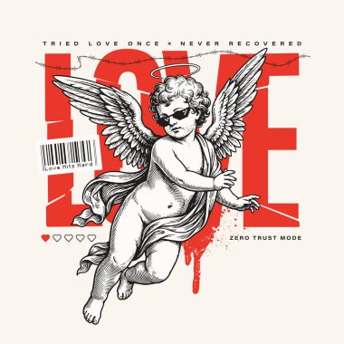 Klasik aşk tanrısı çizimi modern grunge, piksel ve Y2K tasarım elementleriyle harmanlanmış. Posterler, kıyafetler, sokak kıyafetleri ve parmak izleri için tipografi tasarımı. İronik anti-romantik Sevgililer Günü tasarımı. Vektör sanatı.