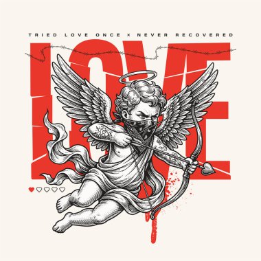 Dövmeleri, bandanası ve modern grunge, piksel ve Y2K tasarım elementleriyle karıştırılmış klasik bir aşk tanrısı. Posterler, kıyafetler, sokak kıyafetleri ve parmak izleri için tipografi tasarımı. İronik anti-romantik Sevgililer Günü tasarımı.