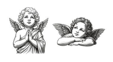 İki eski gravür stili aşk tanrısı çizimi. Beyaz arka planda izole edilmiş klasik bebek melekler. Sevgililer Günü için mükemmel, romantik posterler, kartlar ve markalar. Vektör EPS10 grafikleri.