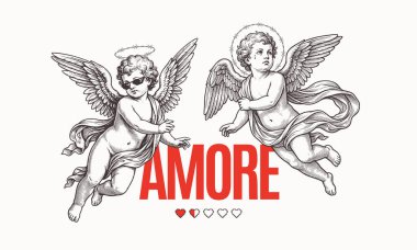 İki meleğin ya da cupidlerin vektör çizimi. Melekler güneş gözlüğü ve dikenli tel haleler takıyor. Rönesans kırmızı tipografi AMORE ve piksel kalp yükleme çubuğuyla esinlenilmiş çizgi sanatı. Sokak kıyafetleri için mükemmel.
