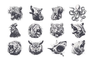 Çeşitli vahşi hayvan kafalarının yer aldığı çok detaylı monokrom çizimlerinin güçlü bir koleksiyonu. Yüksek kontrastlı grunge oymalı stili. Giysi izleri, maskot logoları, çıkartmalar, dövmeler için mükemmel.