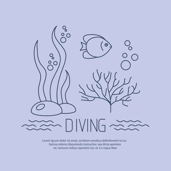 Icône de plongée avec poissons et algues — Image vectorielle