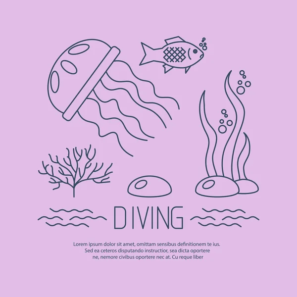 Icône de plongée avec méduses et algues — Image vectorielle