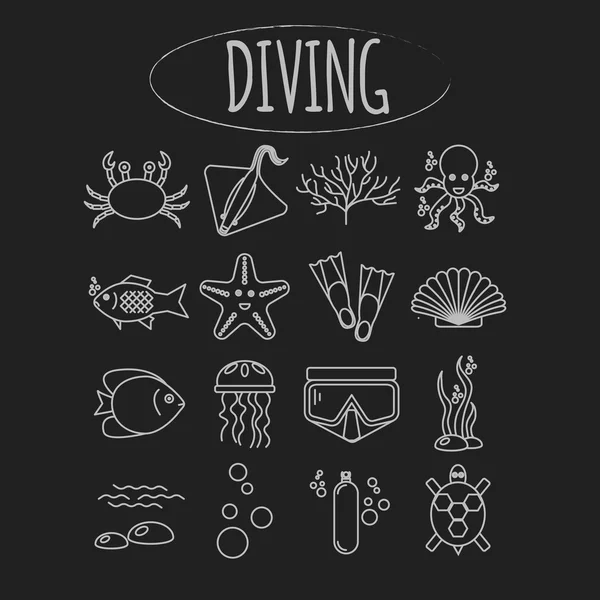 Diving ikon diatur dengan ikan dan peralatan - Stok Vektor