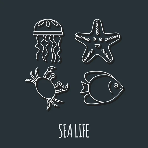 Ikon penyelaman dengan ubur-ubur, ikan, kepiting dan bintang laut - Stok Vektor