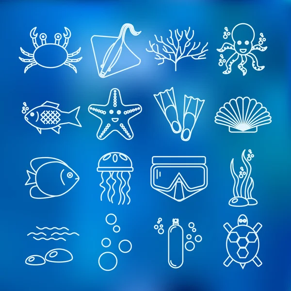 Juego de iconos de buceo con peces y equipo — Archivo Imágenes Vectoriales