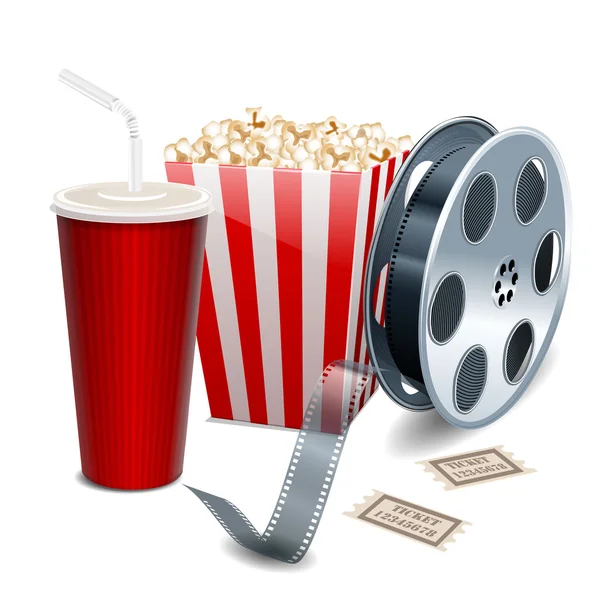 Film ukazuje s popcorn, filmový pás a nápoje — Stockový vektor