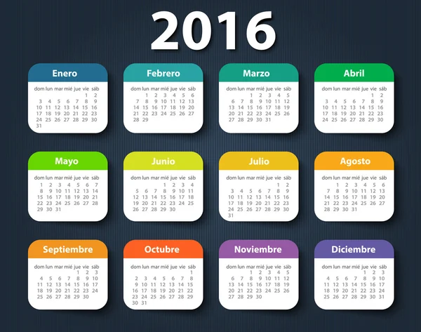 Calendrier 2016 année vectoriel modèle de conception en espagnol . — Image vectorielle