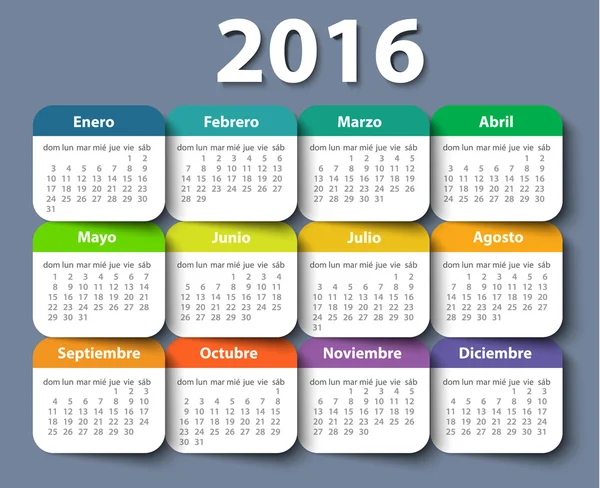 Calendrier 2016 année vectoriel modèle de conception en espagnol . — Image vectorielle