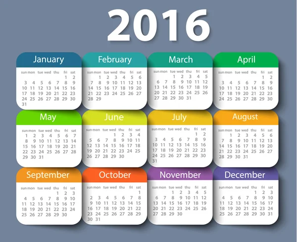 Calendrier 2016 année vectoriel modèle de conception . — Image vectorielle