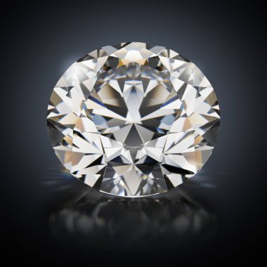 3D görüntü oluşturuldu. Siyah yansıtıcı arkaplanda elmas.