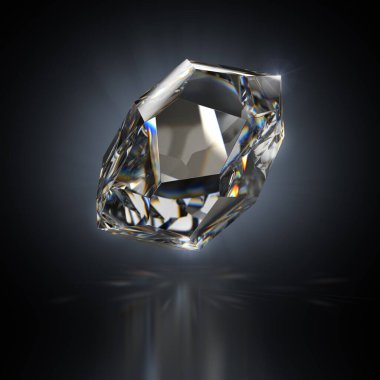 Siyah yansıtıcı arka planda kristal. 3d resim. 