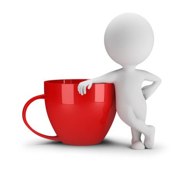 3d small person next to a cup of coffee. 3d image. White background.