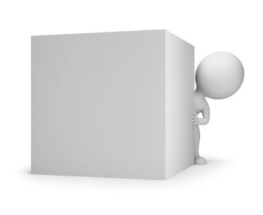 3d small person looks out from behind a cube. 3d image. White background.