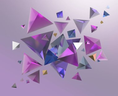 Koyu arkaplanda çok renkli piramitler. 3d oluşturulmuş resim.