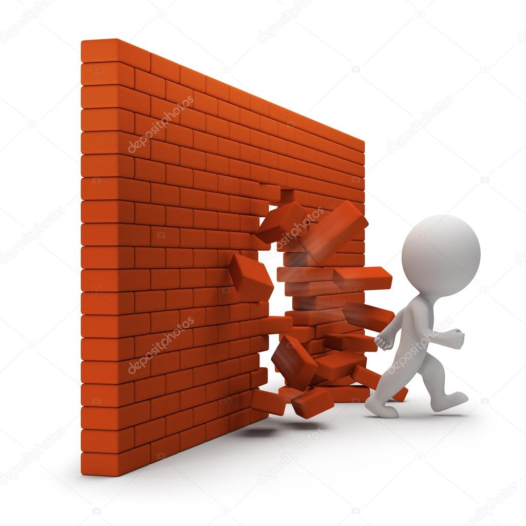 3d small people - through a brick wall