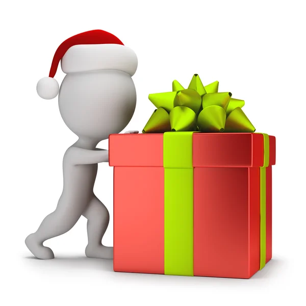 3d personas pequeñas - Santa empujando un regalo —  Fotos de Stock