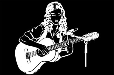 bir kız bir Microph ın önünde gitar çalmak vektör çizimi
