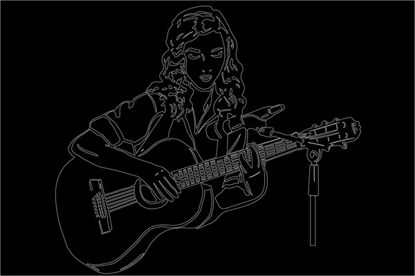 Vector sketch of a girl playing the guitar in front of a microph — Stock Vector