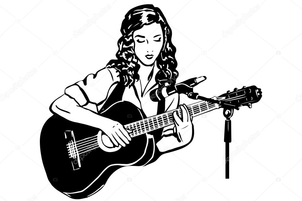Vector Sketch Of A Girl Playing The Guitar In Front Of A