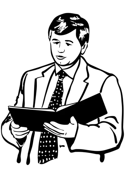 Dibujo vectorial de un hombre en una chaqueta y corbata informes de lectura — Vector de stock