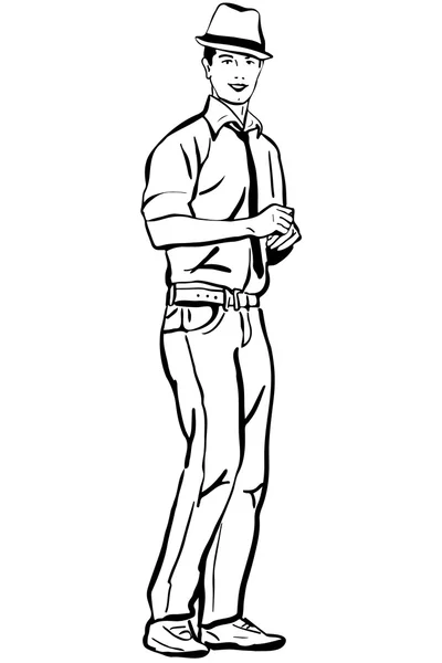 Dibujo vectorial de un joven con sombrero y tiev — Vector de stock