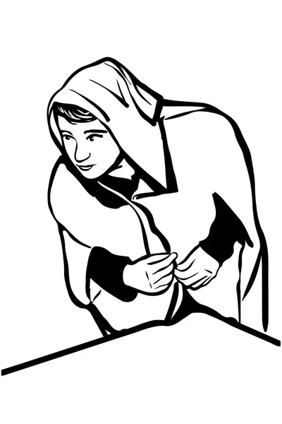 Vector sketch of a young man in a robe with a hood — Stock Vector