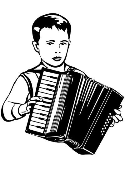 Vector sketch of boy plays music on the accordion — Stock Vector