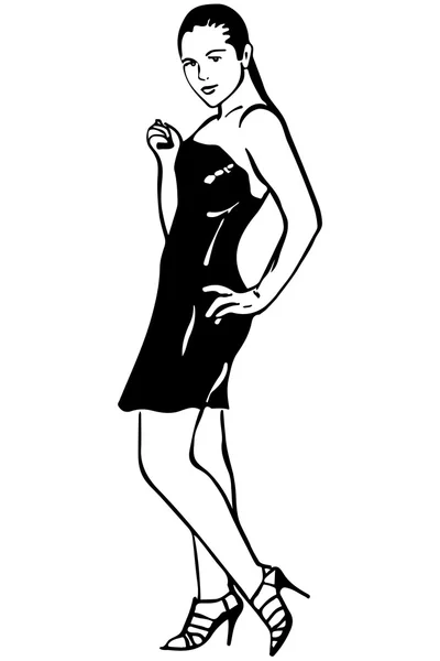 Dibujo vectorial de una chica en un vestido negro slinky con tacones — Archivo Imágenes Vectoriales