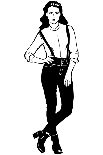 Διάνυσμα σκίτσο ενός κοριτσιού που φοράει παντελόνι με τιράντες — Διανυσματικό Αρχείο