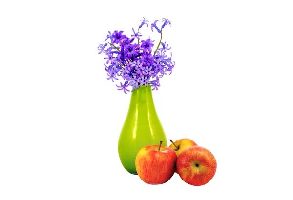 Isolated on white background bunch of flowers in a vase and appl — Stock Photo, Image