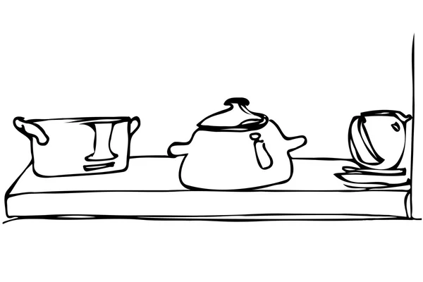 Векторный эскиз посуды и кастрюли на полке — стоковый вектор
