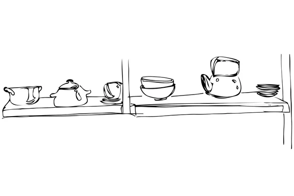 Esboço de vetor de um bule de chá metálico e posto de panela em uma prateleira — Vetor de Stock