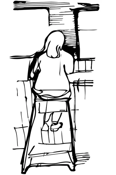 Dibujo vectorial de una mujer soltera bebiendo café en el bar en un — Vector de stock