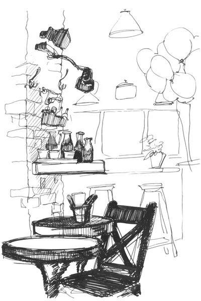 Esboço de uma mesa vetorial e cadeira no interior de um café —  Vetores de Stock