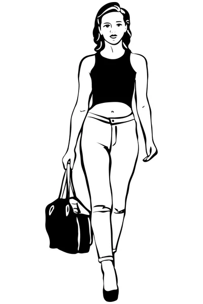Belle jeune femme brune avec un sac à la main — Image vectorielle