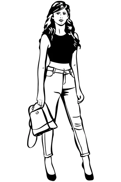 Hermosa joven morena mujer con una bolsa en la mano — Vector de stock