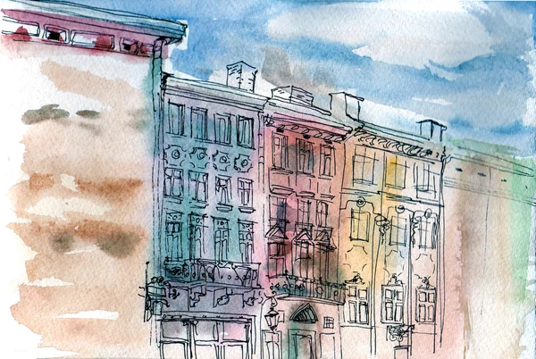 Drawing watercolor cityscape house old street with balcony — Stock Photo, Image