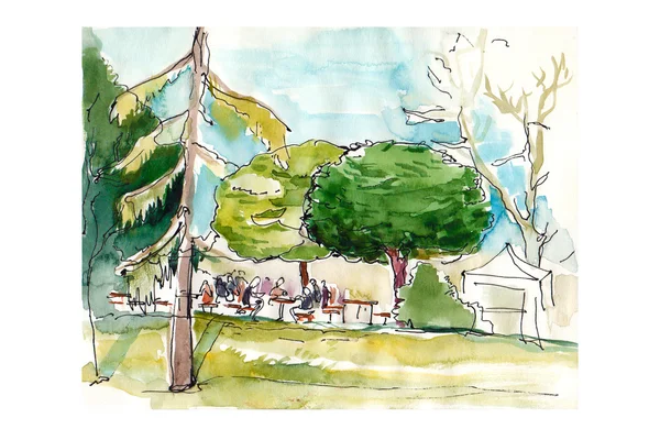 Watercolor drawing people to a picnic in the woods — Stock Photo, Image