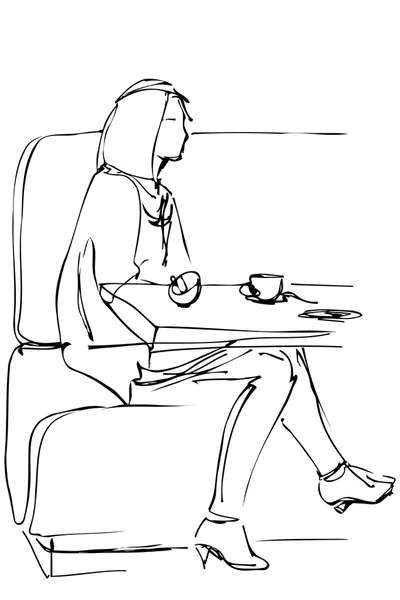 Chica en un café bebiendo café en el sofá — Vector de stock