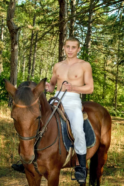 Joven en el bosque a caballo —  Fotos de Stock