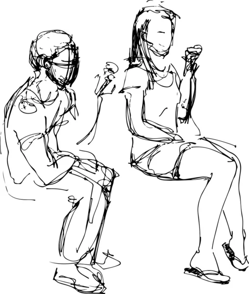 Boceto de un chico y una chica comiendo helado — Vector de stock
